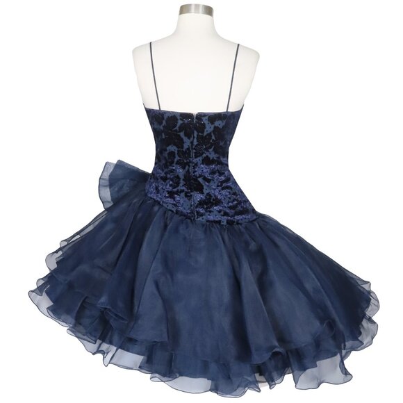 Vintage 80s Navy Blue Velvet Burnout Full Skirt Bow Dance Prom Party Dress XS S - Picture 4 of 12